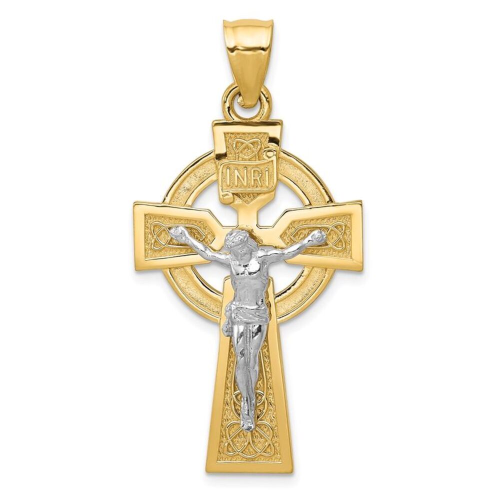 14k Two Tone Gold Large Celtic INRI Crucifix Pendant, 22 x 42mm
